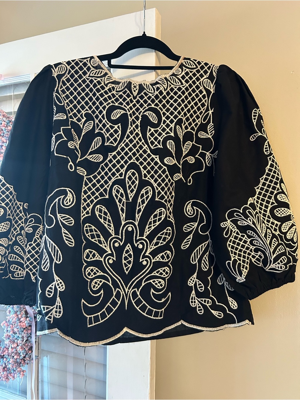 Cato Black Puff-Sleeve Embroidered Blouse - Black & Cream